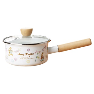 家用搪瓷奶锅木把单柄玻璃盖汤锅宝宝辅食锅煮面锅电磁炉燃气通用