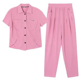 运动服套装女夏天时尚洋气短袖衬衣长裤穿搭一整套韩系休闲两件套