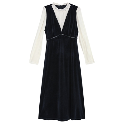 YINER音儿专选2026春季新款优雅钉珠撞色假两件收腰丝绒连衣裙