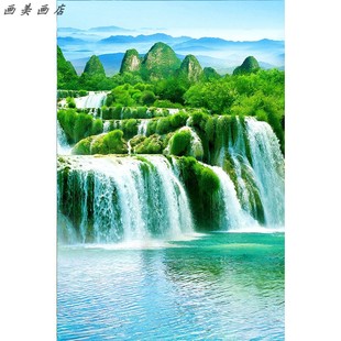 简约客厅风景现代实木卷轴画聚宝盆瀑布山水青山绿水风景玄关挂画