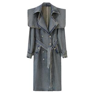 EAM STUDIO欧货重工水洗牛仔风衣外套长款双排扣系带收腰翻领大衣