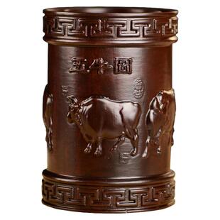 黑檀木雕五牛图笔筒工艺品办公室书桌家居客厅木质笔筒摆件送礼