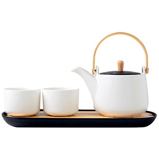 一壶两杯陶瓷茶壶家用简约办公泡茶壶茶杯盘ins风提梁壶旅行茶具