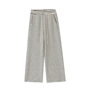 慵懒条纹阔腿休闲裤女春季新款大码胖mm宽松显瘦高腰垂感直筒裤子