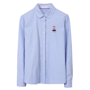 轻奢纯棉衬衫女长袖娃娃领2025春秋新款上衣时尚职业刺绣蓝色衬衣