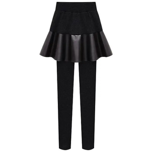 PU皮假两件一体打底裤裙女冬季外穿胖mm高腰大码加绒加厚半身裙裤