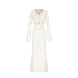 木子李的李设计感小心机针织连衣裙蕾丝花边深V领扭结收腰长裙秋