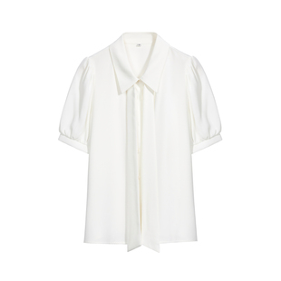 回笑蓝色蝴蝶结短袖衬衫女夏季雪纺上衣教师面试套装职业正装衬衣