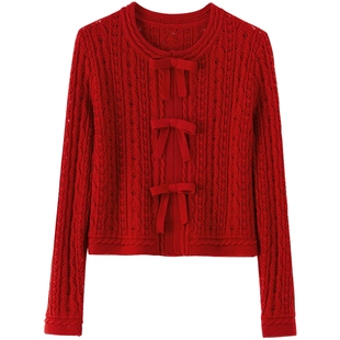 【绵羊毛】BANANA BABY2026年春新款法式小香风蝴蝶结显瘦针织衫