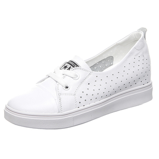 真皮内增高小白鞋女夏天配裙子穿的鞋子透气镂空浅口一脚蹬休闲鞋