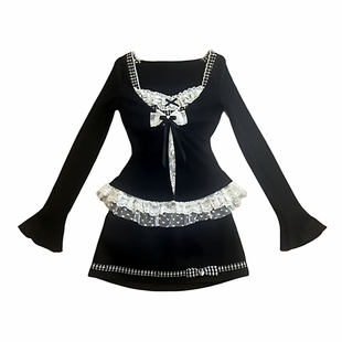 越韩小鱼Musefish 京都下午茶 纯欲甜辣假两件蕾丝上衣两件套装女