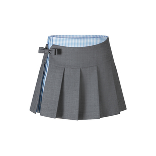 【赵今麦同款】HERLIAN25秋季格纹拼接miu系中低腰灰色半身百褶裙