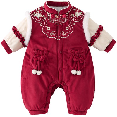 婴儿冬季加绒加棉连体衣拜年服