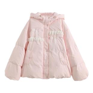 森女部落甜美风90%绒子白鸭绒连帽羽绒服女25冬新款三防宽松外套