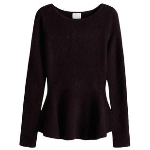 HM女装毛针织衫冬季收腰酒红色裙式下摆入冬撞色叠穿上衣1303067