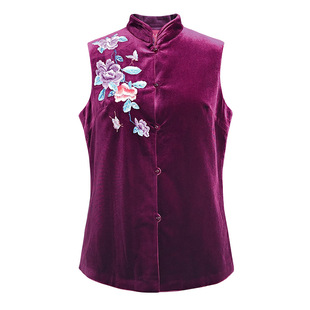 木真了中式丝绒唐装棉马甲女士秋冬新品复古刺绣保暖加棉马夹419