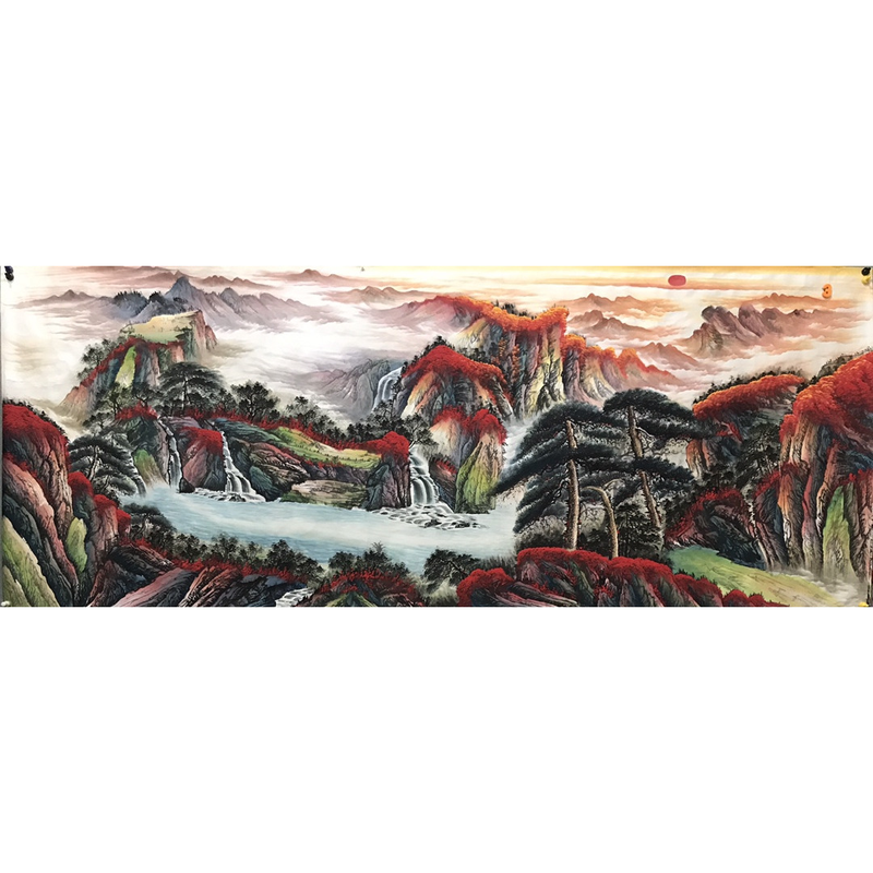 纯手绘大丈二山水鸿运当头峡江风景国画聚宝盆鸿图大展横幅装饰画