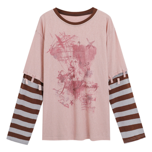 2026超火减龄条纹拼接长袖t恤女早春大码胖mm独特漂亮遮肚子上衣