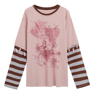 爆款拼接长袖T恤女大码女装上衣