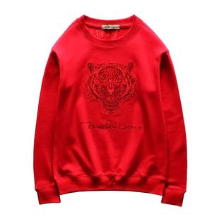 男士美式加绒卫衣秋季烫钻刺绣老虎头潮牌无帽精神小伙本命年红色