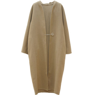 原！ 手工缝制驼色双面呢大衣 宽松过膝长款羊毛呢外套 胸针两用