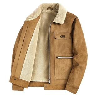 JEEP吉普加绒加厚棉衣外套男冬季中年爸爸冬装羊羔绒翻领休闲棉服