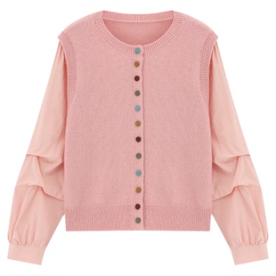 百家好假两件粉色拼接毛衣女春季新款显瘦百搭慵懒风彩扣开衫上衣