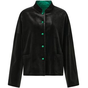 纳薇明星同款新中式女装秋冬立领宽松国风提花丝绒加厚短外套女