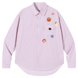 PSO Brand 男装女装可爱小物毛织纽扣粉色条纹衬衫长袖衬衣外套