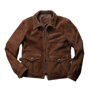 歌神同款复古磨砂牛皮外套翻领修身短款多兜真皮夹克休闲时尚皮衣