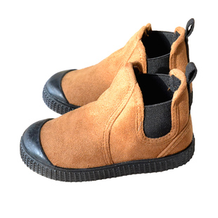 儿童春款加绒短靴男童休闲低筒靴子女童百搭圆头麂皮绒黑色二棉鞋