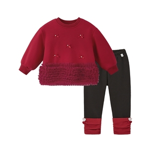 [抗菌远红外]女童套装秋冬女大童加绒红色冬装女孩儿童冬季两件套