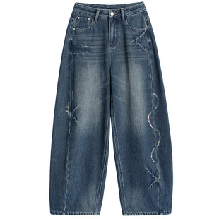 2025秋冬加绒弯刀牛仔裤女复古扎染高腰阔腿裤宽松磨破显瘦直筒裤