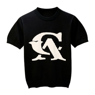 欧洲站潮流黑色字母图案针织短袖男 夏季修身t恤短袖男款2026新款