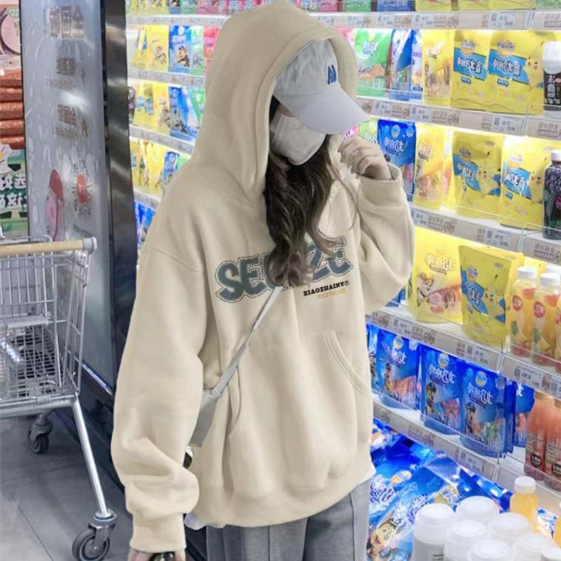 美式复古慵懒chic银狐绒纯棉卫衣女加绒加厚秋冬季连帽衫外套上衣