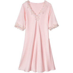 春夏高级感冰丝睡衣女性感开衩蕾丝五彩花丝绸睡裙凉爽舒适家居服