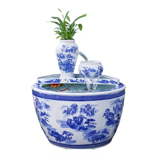 景德镇青花瓷流水鱼缸客厅阳台庭院水景摆件陶瓷鱼缸特大瀑布流水