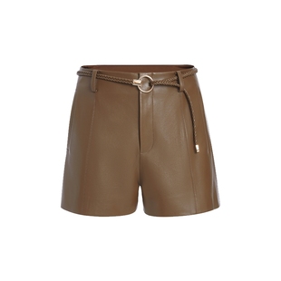 FIVE PLUS裤子金属扣编织腰带高腰PU皮包臀短裤2025新款女冬装