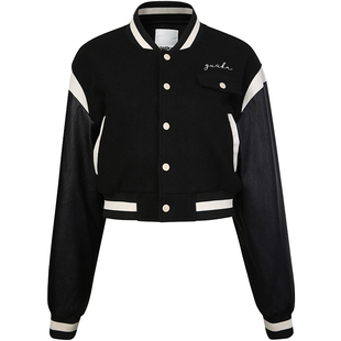 GUUKAHERO黑白拼接短款棉服女 美式加厚棒球服棉衣外套宽松小个子