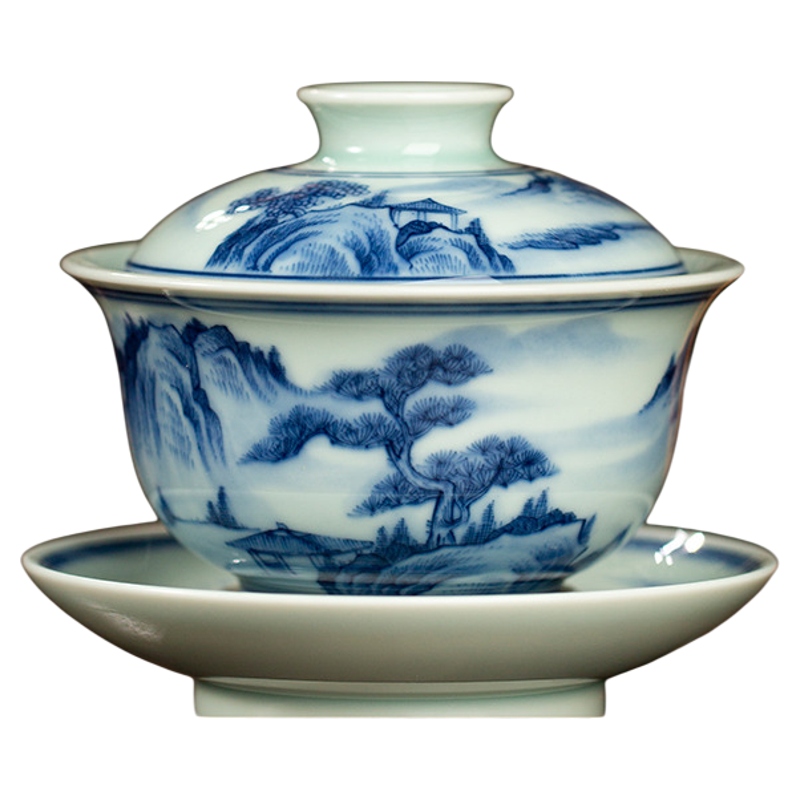 手绘青花瓷三才盖碗陶瓷茶具