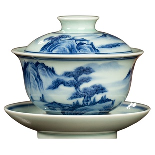 三勤堂景德镇陶瓷手绘青花瓷泡茶器山水三才盖碗不烫手茶杯单个