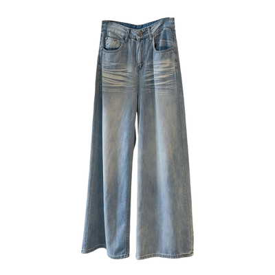 浅蓝色水洗阔腿牛仔裤女夏新款猫须设计高腰显瘦宽松垂感拖地长裤