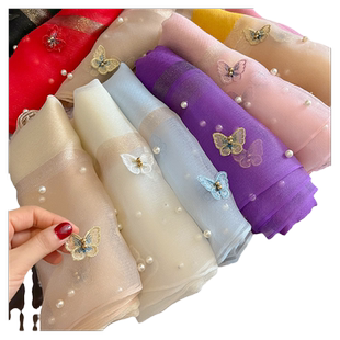 2026新款蝴蝶刺绣钉珠丝巾女春秋冬季时尚气质围巾薄款纱巾高级感