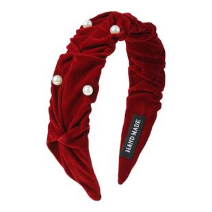 宽边高颅顶发箍红色复古丝绒珍珠发卡高级感头箍头饰褶皱秋冬发捆