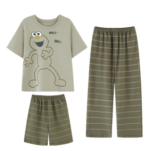 儿童睡衣男童短袖长裤家居服纯棉夏季中大童芝麻街青少年三件套装