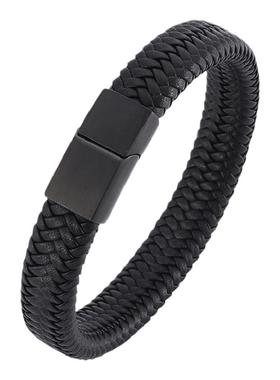 欧美风黑色钛钢编织皮质韩版手链