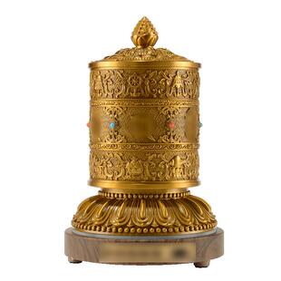 闯隆藏族转经简转金桶 六字真言转动轮底座 藏式插电转轮经筒摆件