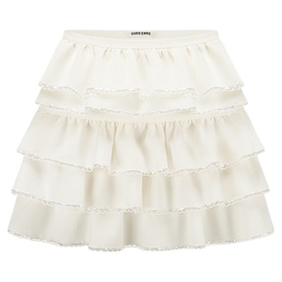 SHRO ENRO春季新款亮片花边高腰甜美少女风白色A字百褶蛋糕短裙女
