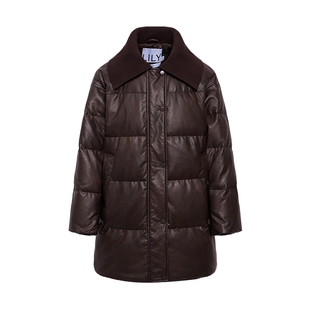 LILY2025冬新款女装复古针织翻领PU皮90鸭绒通勤羽绒服外套中长款