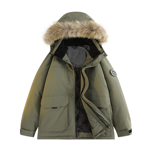 班尼路中长款工装羽绒服男士冬季2026新款潮牌毛领冲锋鸭绒外套E